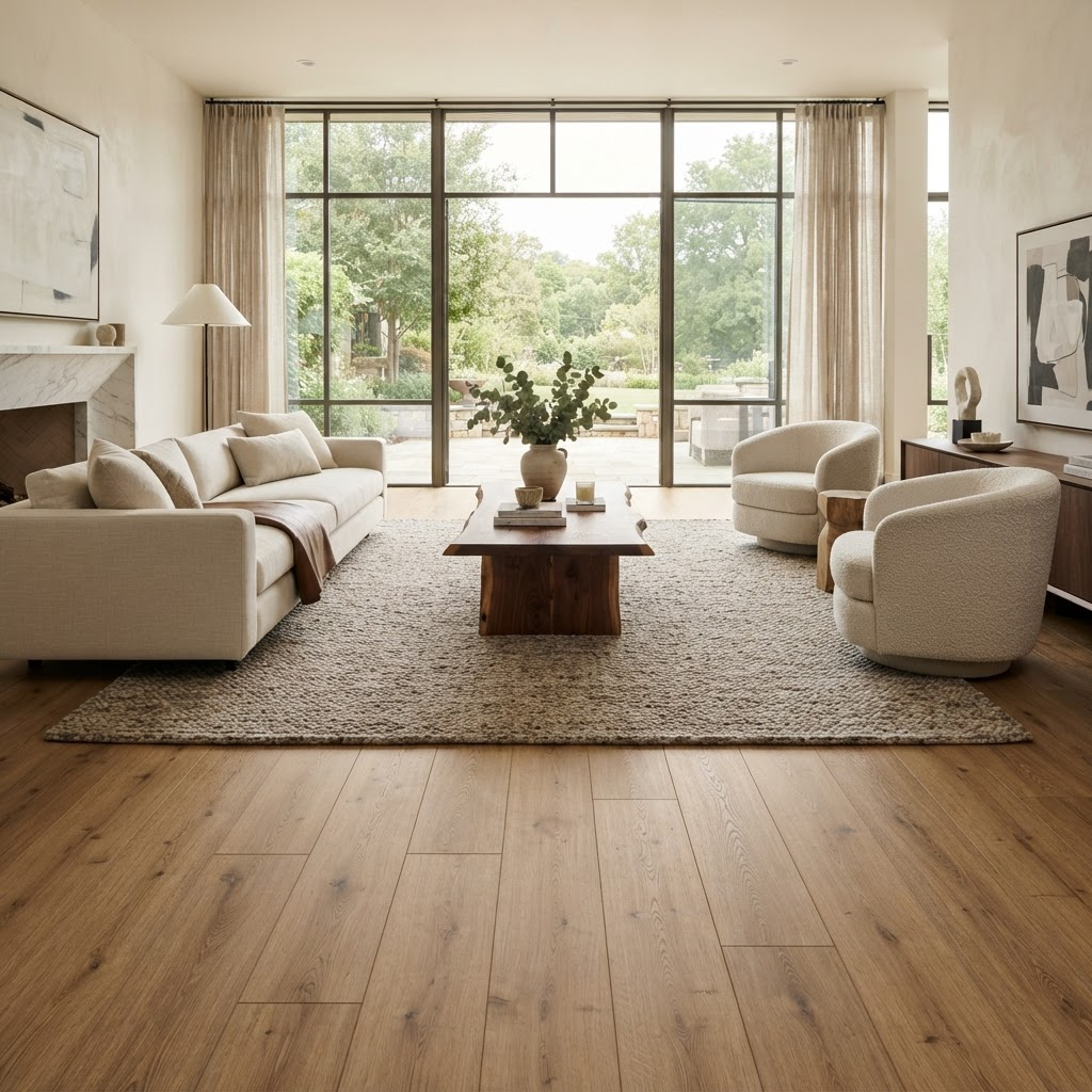 Luxury living room with warm oak vinyl flooring